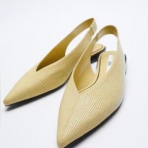 Zara Yellow Pointed Toe Slingback Low Heel Textured Flats Size 7.5 (EU 38)